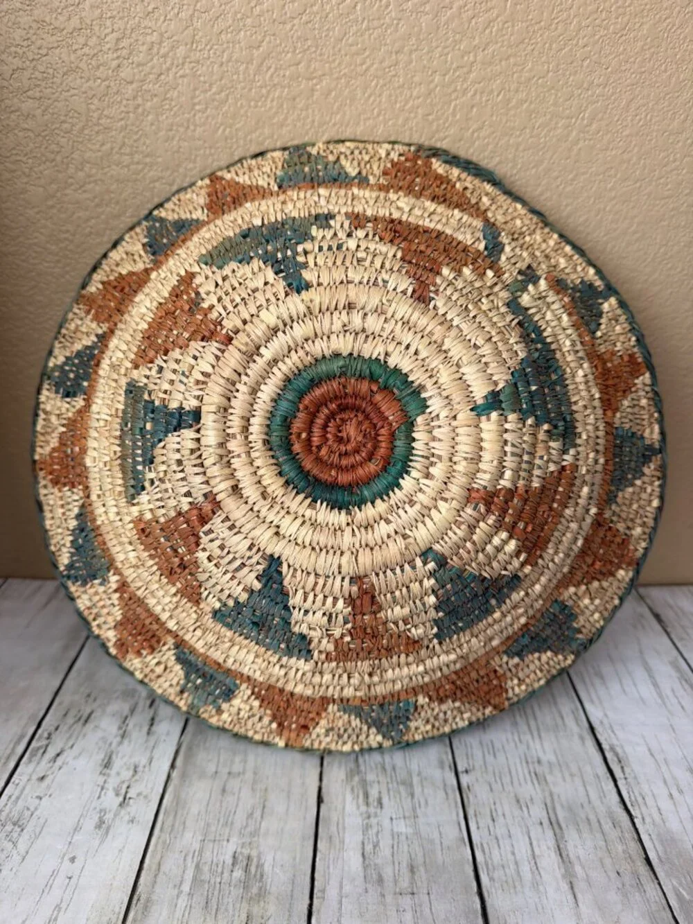 Vintage Southwestern Style Hand Woven Coiled Harvest Basket 14” Boho Cottagecore